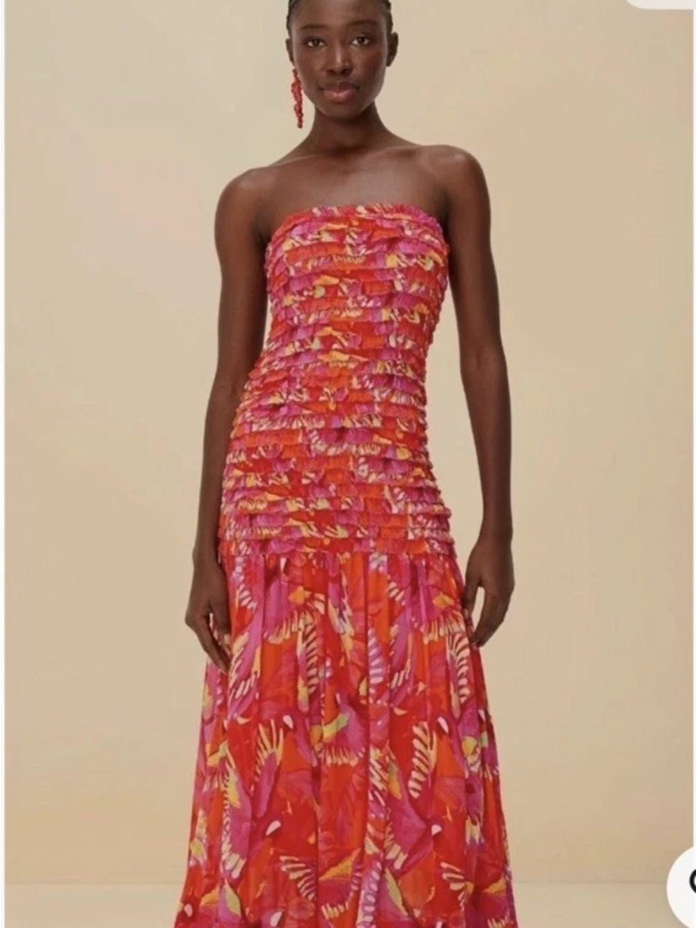 Farm Rio Flying Birds Midi Dress Pink Orange Tropical Size Small